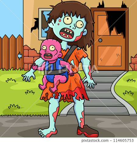 Zombie Mother and Child Colored Cartoon Zombie Mother and Child Colored Cartoon 114605753