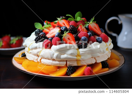 Pavlova cake topped with fruit. Generative AI 114605804