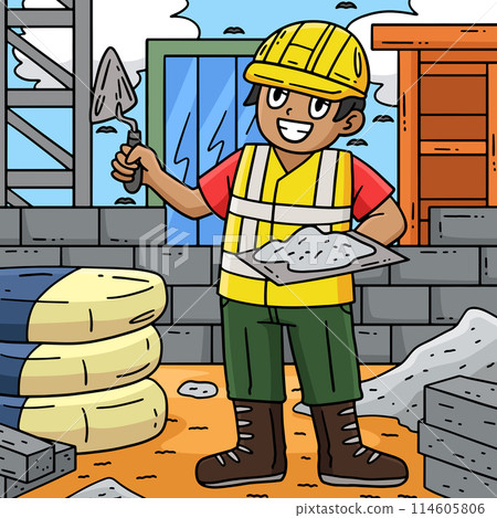 Construction Worker with a Plaster Colored Cartoon 114605806