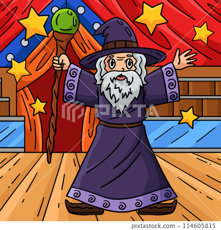 Circus Wizard Spreading Stars Colored Cartoon  114605815