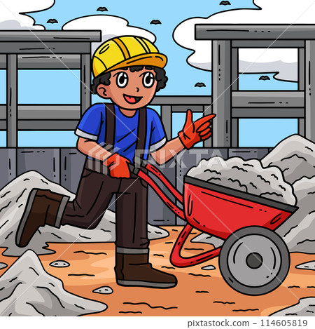 Construction Worker and a Wheelbarrow Colored Construction Worker and a Wheelbarrow Colored 114605819