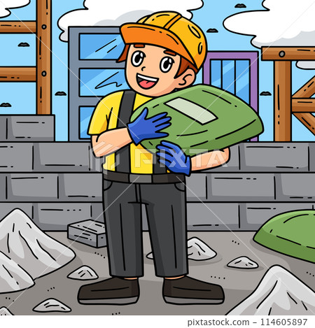 Construction Worker Hauling Cement Colored Cartoon Construction Worker Hauling Cement Colored Cartoon 114605897