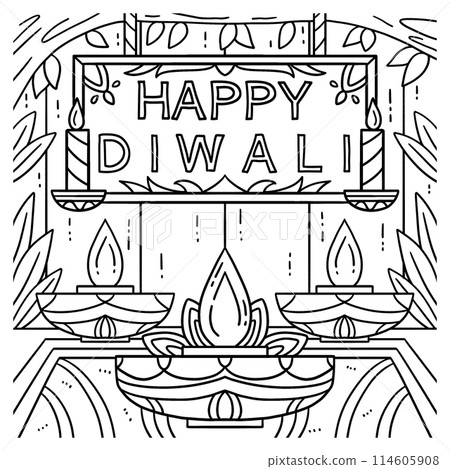 Happy Diwali on Top of Candle Coloring Page Happy Diwali on Top of Candle Coloring Page 114605908