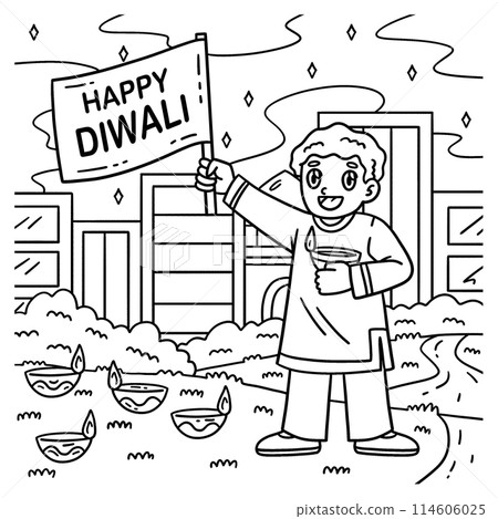 Diwali Child with a Happy Banner Coloring Page  114606025