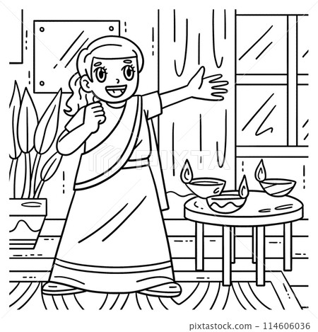 Diwali Child Singing Coloring Page for Kids 114606036
