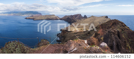 Panoramic view of Cape Ponta de Sao Lourenco, Canical, East coast of Madeira Island, Portugal. Scenic volcanic landscape of Atlantic Ocean, rocks and cllifs and sky. Seen from popular hiking trail PR8 114606152