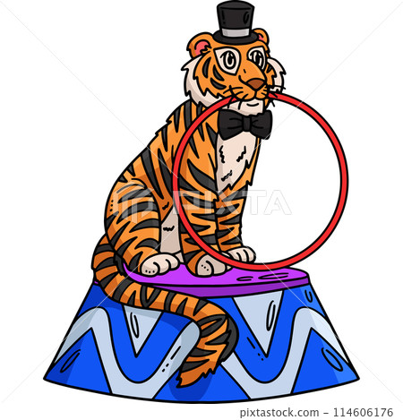 Circus Tiger Biting a Hula Hoop Cartoon Clipart 114606176