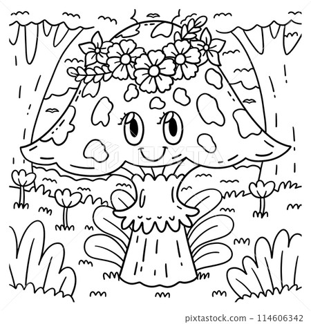 Mushroom with Flower Crown Coloring Page for Kids Mushroom with Flower Crown Coloring Page for Kids 114606342