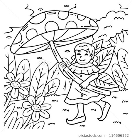 Fairy with Mushroom Umbrella Coloring Page  114606352