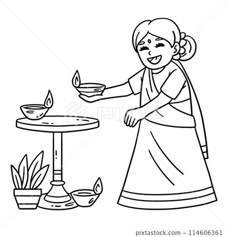 Diwali Child Setting Candle Isolated Coloring Page 114606361