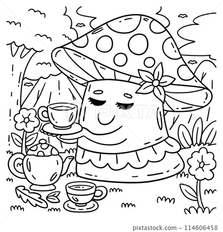 Mushroom with Tea Set Coloring Page for Kids Mushroom with Tea Set Coloring Page for Kids 114606458