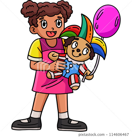 Circus Girl Holding Clown Stuffed Toy Clipart  114606467
