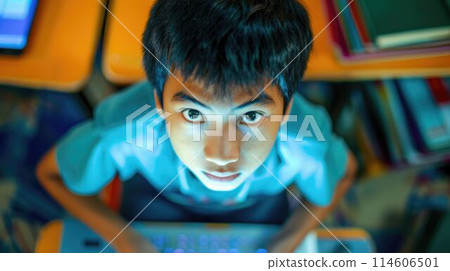 The southeast asian boy is working as coding programmer inside the room. AIG43. 114606501