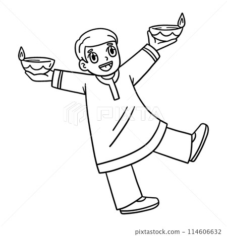 Diwali Child Raising Candles Isolated Coloring  114606632