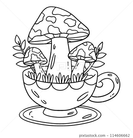 Mushrooms Sprouting from Teacup Isolated Coloring Mushrooms Sprouting from Teacup Isolated Coloring 114606662