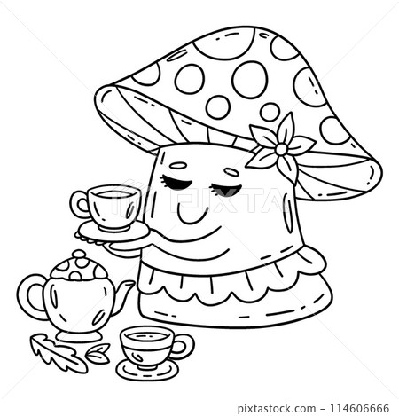 Mushroom with Tea Set Isolated Coloring Page  114606666