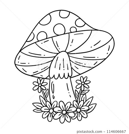 Mushroom with Flowers Isolated Coloring Page Mushroom with Flowers Isolated Coloring Page 114606667