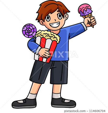 Circus Boy Holding Treats Cartoon Colored Clipart 114606704