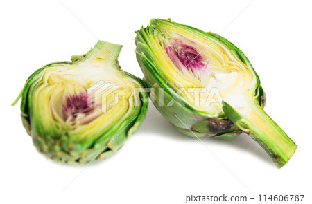 Ripe green artichokes on white background Ripe green artichokes on white background 114606787
