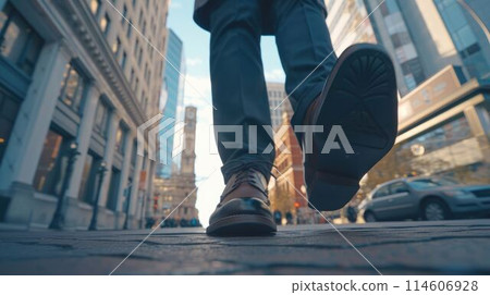 A person working as business person is walking to work in street of city. AIG43. 114606928