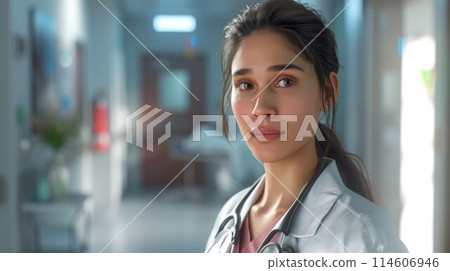 The doctor wearing lab coat and stethoscope inside hallway of hospital. AIG43. 114606946