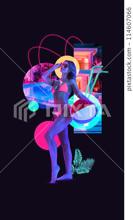 Contemporary art collage. Overjoyed young lady in swimming suit stands with beach ball near pool against black background with abstract neon elements. Contemporary art collage. Overjoyed young lady in swimming suit stands with beach ball near pool against black background with abstract neon elements. 114607066