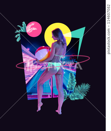 Contemporary art collage. Woman in swimsuit holds beach ball against black background with abstract neon elements. 114607082