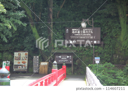 湯本富士屋飯店標誌和繡球花叢 湯本富士屋飯店標誌和繡球花叢 114607211