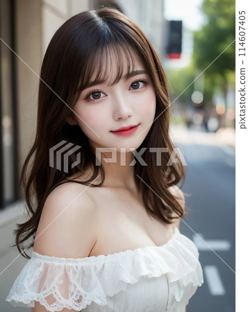 A woman with long hair making a pose in a busy street 114607405