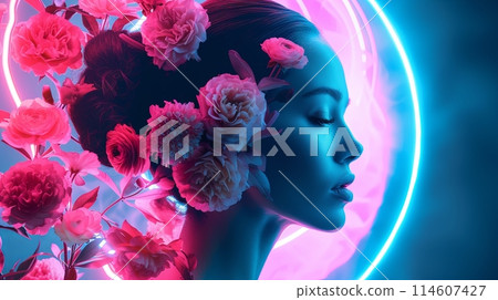 collage woman and flowers, neon background 114607427