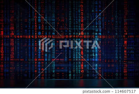 Blue and red digital binary data on laptop screen 114607517