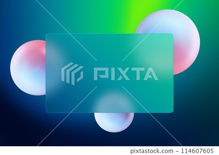 Glass morphism landing page with frame. Illustration with blurry floating colorful spheres 114607605