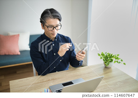 Middle-aged man doing telework in the living room 114607647