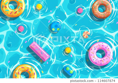 Top view of a swimming pool with vibrant inflatable donuts and beach balls floating on clear blue water 114607874