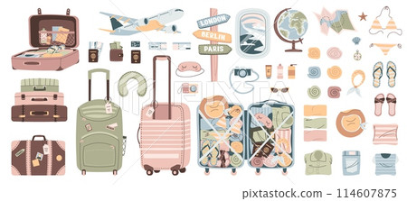Travel illustration set. Travel and adventure tourism, trips abroad, summer holidays. Hand drawn vector illustration in flat style. Ideal for sticker kit, scrapbooking, posters, tags 114607875