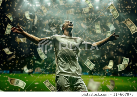 Professional soccer player exulting in a stadium with falling money, symbolizing success and financial reward 114607973