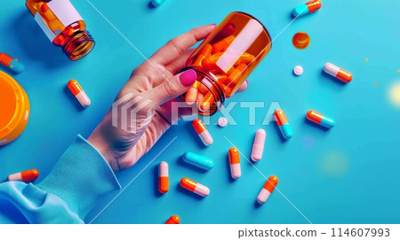 Top view of a hand pouring pills from an orange bottle over a vibrant blue backdrop Top view of a hand pouring pills from an orange bottle over a vibrant blue backdrop 114607993