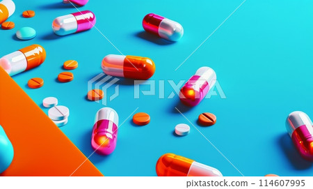 Top view of various pills and capsules on a vibrant blue and orange background 114607995