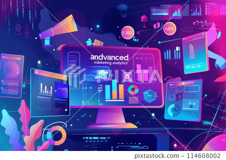 Illustration highlighting advanced analytics tools for market research with dynamic graphics 114608002
