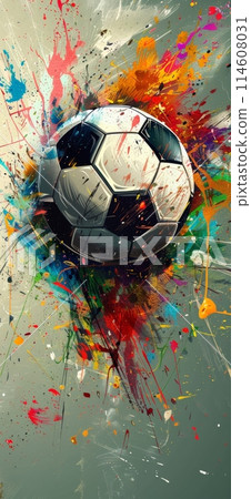Dynamic, colorful paint splashes enhance a vibrant soccer ball artwork 114608031
