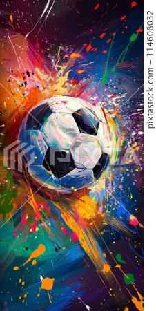Vibrant illustration of a soccer ball with colorful splashes, depicting motion and energy 114608032
