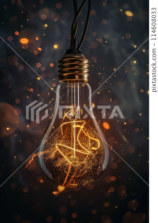 Filament light bulb radiating light amidst sparkling particles against a dark backdrop 114608033