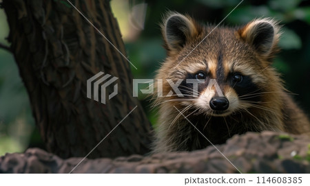 A raccoon peeking out from the shade of a tree 114608385