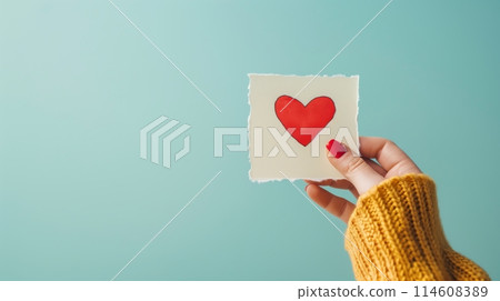 女人的手拿著一張紙，上面畫著一顆心，藍色背景 114608389