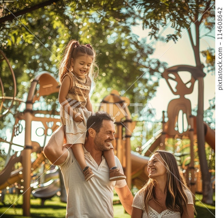 Realistic depiction of a joyful family bonding outdoors 114608642