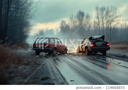 Two vehicles involved serious collision on road resulting in car crash AI Generative 114608855