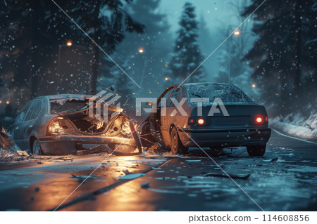 On road, two vehicles were involved in serious collision that resulted car accident AI Generative 114608856