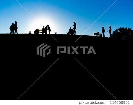 Silhouette of a family walking along a hill illuminated by the setting sun Silhouette of a family walking along a hill illuminated by the setting sun 114608901