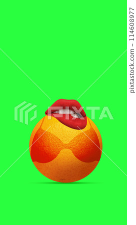 Bright orange with woman mouth and bra tan silhouette on it against vivid green background. Contemporary art collage. 114608977