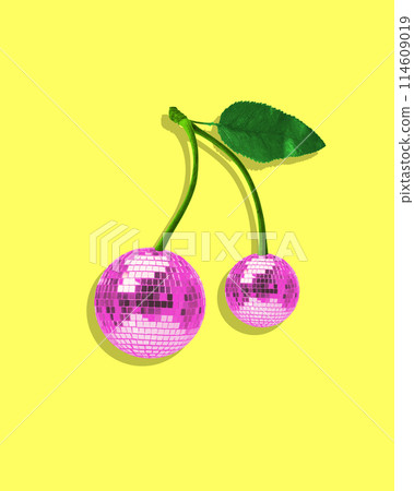 Surreal image of cherries turned into pink disco balls, creating playful and colorful scene against yellow background. Contemporary art collage. Surreal image of cherries turned into pink disco balls, creating playful and colorful scene against yellow background. Contemporary art collage. 114609019